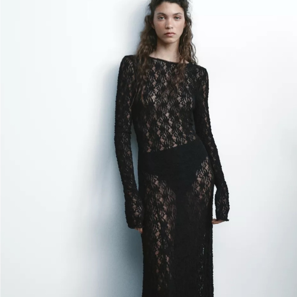 Zara black lace sheer dress Medium nwt